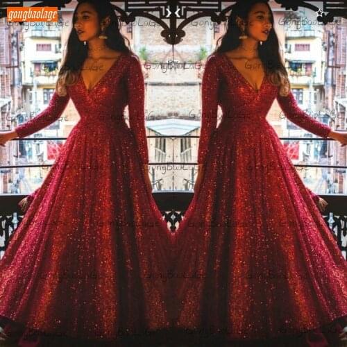 Boho Red Evening Gowns V Neck 2021 Abendkleider Long Sleeves Sequins Ball Gown Reflective Dresses Party Women Abiti Da Cerimonia