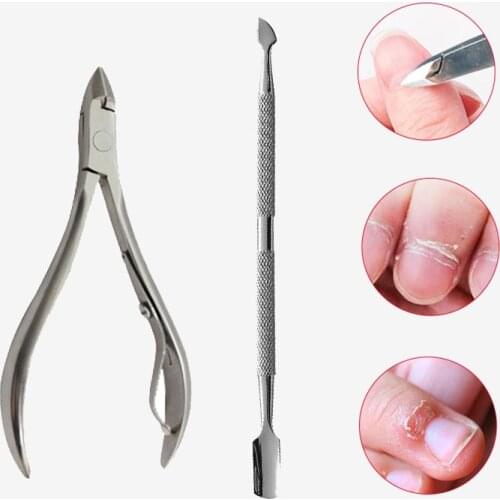 2 in 1 Stainless Steel Cuticle Pusher+Cuticle Scissor Set Dead Skin Pliers Professional Hard Skin Nail Gel Remover Manicure Tool