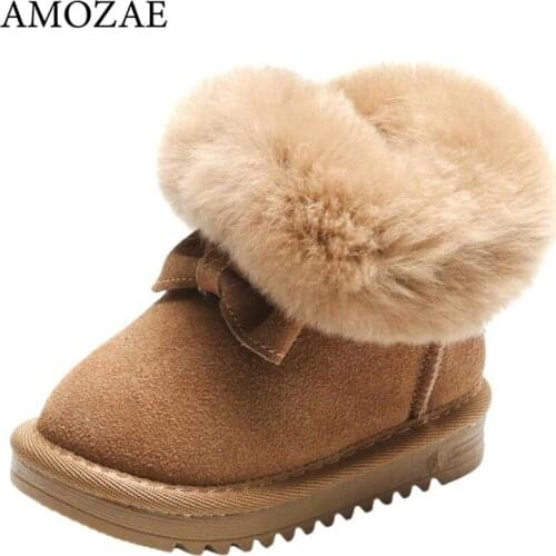 New Warm Baby Boots For Girl Plush Genuine Leather Cute Butterfly Party Winter Kids Shoes Toddler Children Snow Shoes Girls