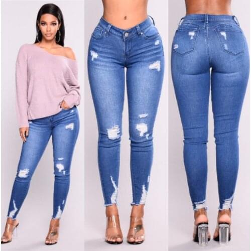 New Spring and Autumn Elastic Ripped High-Waisted High-Waisted Jeans Explosion Models Plus Size Small Feet Trousers Women