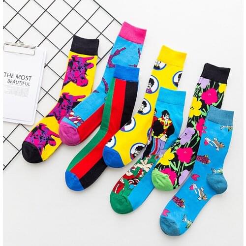 Peonfly Cotton New Men Crew Colorful Comic Pattern Hip Hop Happy Socks Funny Casual Harajuku Novelty Calcetines Hombre