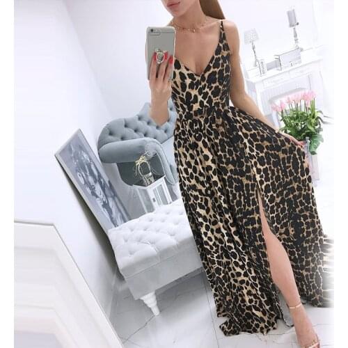 Sexy Leopard Spaghetti Strap Floral Print Women Dress V-Neck Waist Belt Backless Long Dresses Lady Beach Stylish Elegant Vestido