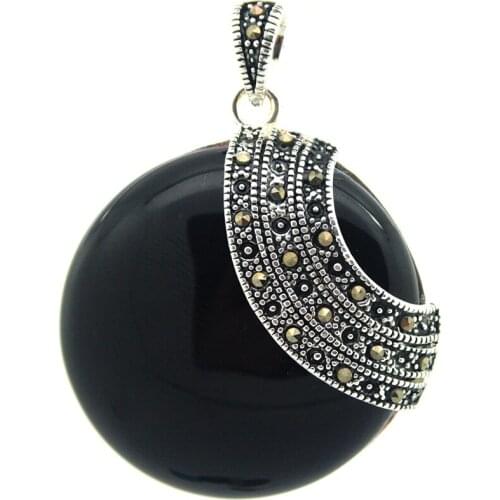 RARE HUGE 925 STERLING SILVER NATURAL BLACK jade ROUNDDLE PENDANT 35X35MM