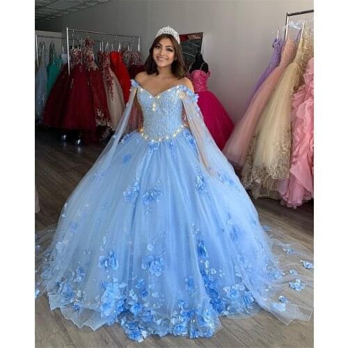 Luxury Sky Blue Ball Gown Quinceanera Dresses with Dechable Sleeves Sweetheart Tulle Lace Applique Sweet 16 Dress Party Wear