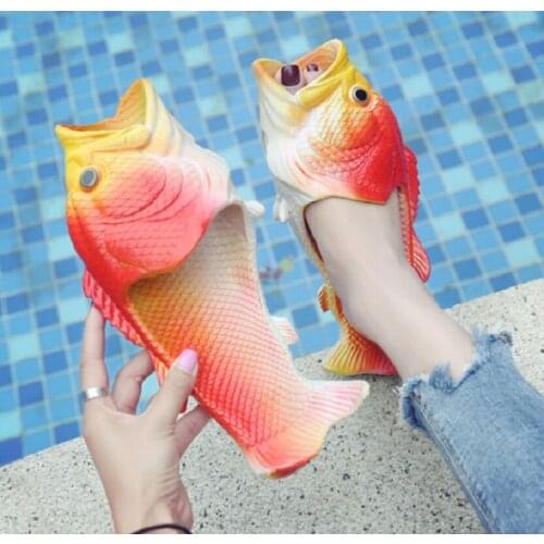 Funny Fish Shoes Open Toe PVC Sandals Slides Large Side Unisex Beach Summer Slippers For Woman Man Footwear Parent-Child Family