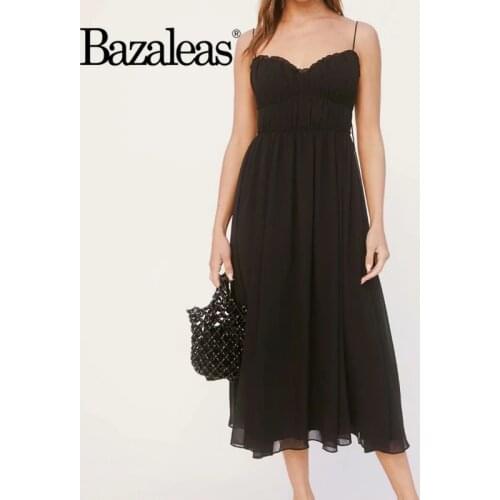 Bazaleas Chic Summer Spaghetti Strap Midi Dress Sexy Black Chiffon Vestidos Vintage Tube Top Backless Tie Dresses