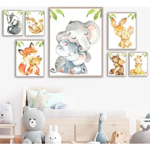Elephant Monkey Fox Koala Bear Rabbit Baby Leaf Wall Art Canvas Painting Nordic Posters And Prints Wall Pictures Kids Room Decor