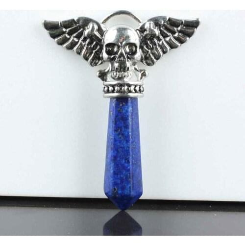 SUNYIK Lapis Lazuli Faceted Stone Skull Wings Pendant For Necklace,Healing Chakra (Free Chain)