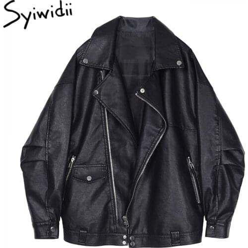 Syiwidii Faux Leather Jacket Women Fall 2021 New Fashion Zipper Loose Motorcycle Female Streetwear Oversized Black PU Coats