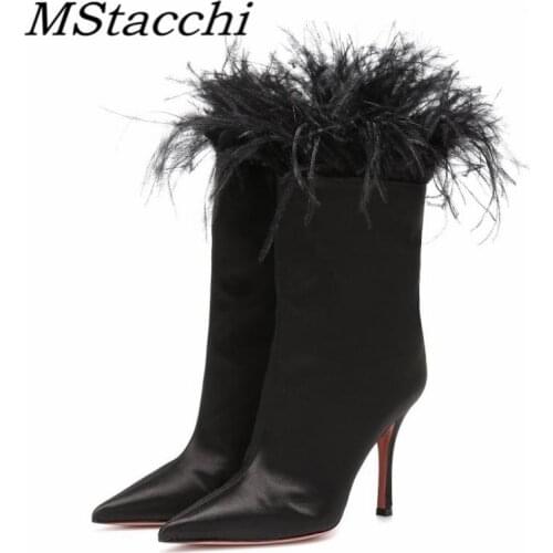 Mstacchi Pointed Feather Custom Color Big Size 34-48 Silk Women Short Boots 2020 Designer Fashion Sexy Madam Shoes Buty Damskie