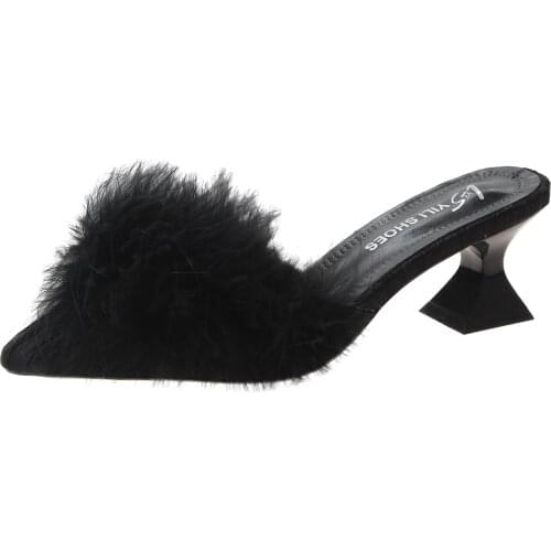 2021 New Womens Set Toe-shaped Non-slip High Heels Fashion Rubber Bottom Elastic Cloth Summer Shallow Fur Shoes 34-40