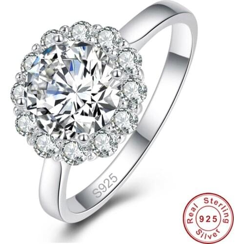 Women Romantic 925 Sterling Silver Rings 8MM Round Big Crystal White CZ Rings for Wedding Engagement S925 Fine Jewelry