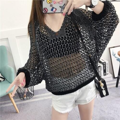Sexy Women Knitted Pullover Mesh Hollow Sweater Female 2021 Spring Oversized Top Bat Half Sleeve Casual Loose Knit Jumper Summer