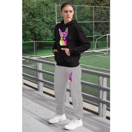 Angemiel Wear Colorful Pharaoh Cat Women 'S Tracksuit Set Black Hooded Sweatshirt White Sweatpants