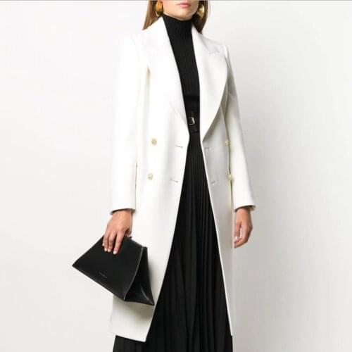 Women autumn Winter Simple White Woolen Long Coat Female double breasted Thick long Overcoat