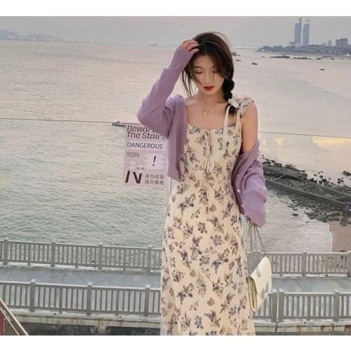 Elegant Floral Strap Dress Chiffon Women Summer Party Midi Dress Female Beach Vintage Korean Lace Up Dresses for Women 2021