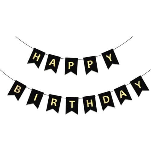 Gold Blocking Happy Birthday Letter Banner Fish Tail Shape Black Paper Jam and String Party Decoration and Arrangement Supply