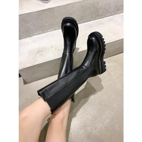 2020Knee High Boots Women Shoes Natural Genuine Leather Platform Riding Boots Zipper Ladies Long Boots Autumn Black 40