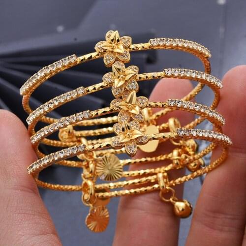 4pcs/lot Dubai Indian Gold Color Bangles&Bracelets For Women Girls Africa Ethiopian Wedding BrideMicro inlay Bracelets Gift