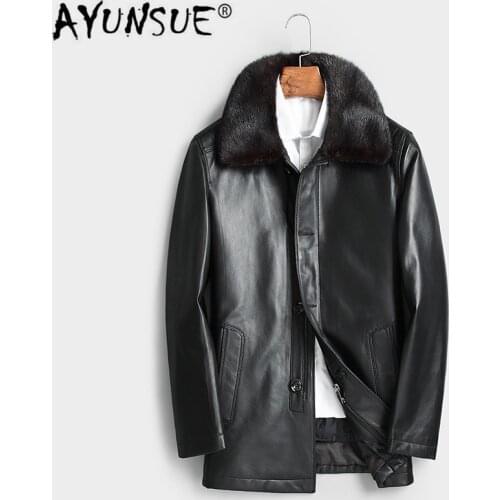 AYUNSUE Mens Leather Jacket Sheepskin Coat Winter Genuine Leather Down Jacket Men Mink Fur Collar Jaqueta De Couro 2020 1707