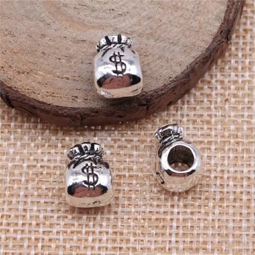 Charms for Jewelry Making Findings Handmade DIY Craft 5pcs Antique Silver Color 12x9x8mm U.S. Dollar Money Bag Wallet Big Beads