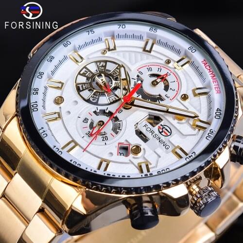 Forsining Automatic Watches Golden Racing Car 3 Sub Dial Mens Calendar Mechanical Watch Relogio Masculino Steel Strap Male Clock
