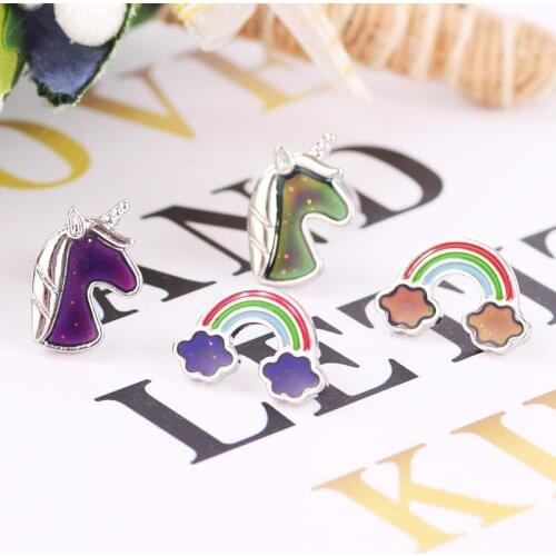 Enamel Unicorn Rainbow Mood Stud Jewelry Mood Unicorn Rainbow Earring Temperature Control Color Change Earring Woman Gift