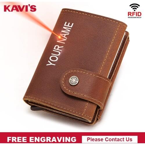 KAVIS Engraving Credit Card Holder Wallet Men Women Metal RFID Vintage Aluminium Bag Crazy Horse Leather Bank Cardholder Case
