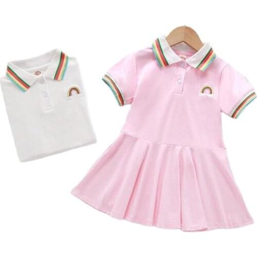 Summer New Girls Baby Dress Children Sport Dress Fashion Sweet Clothing Rainbow Cotton Lapel Short-Sleeved Kids Princess Dress