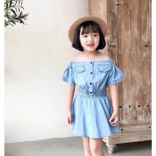 Summer Toddler Girls 2PCS Set Korean Baby Girl Jeans Crop T Shirt Tops+Pleated Skirt Kids Denim Suit Children Clothes 2 3 4 5 6