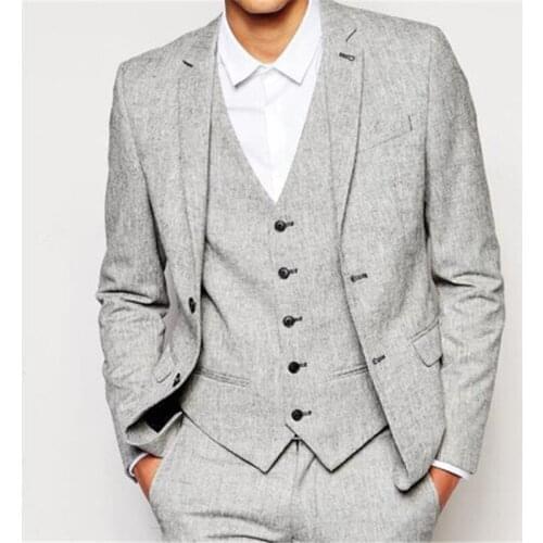 New Fashion Light Grey Tweed Suits For Men 3pieces(Jacket+Pants+Vest+Tie) Custom Made Formal Wedding Slim Fit Groom Blazer 372