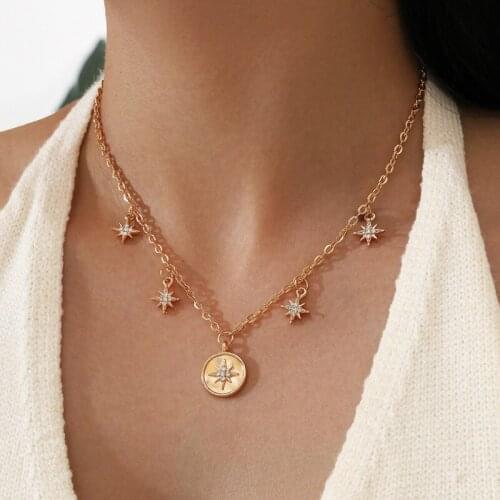 Bohemian Gold Color Crystal Star Pendant Necklace for Women Trendy Clavicle Chain Necklace Party Jewelry Accessories