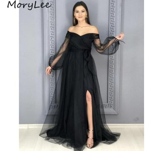 Prom Dresses Black Long Sleeves Side Slit A-Line Tulle Pleated Prom Dresses With Zipper Back vestidos de fiesta de noche