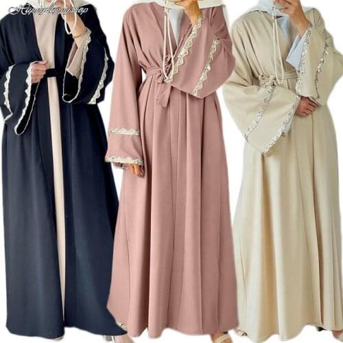 Elegant Open Front Abaya Women Dubai Belted Cardigan Dress Muslim Islamic Ramadan Jilbab Robe Turkish Arab Loose Caftan Clothing