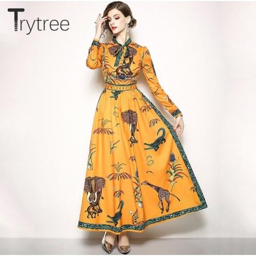 Trytree Summer Autumn Dress Elegant A-line women Bow Neck Animal Printing dresses Ankle-Length Casual Polyester Orange Dress