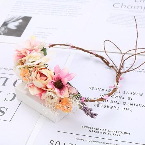 Bohemian Pink Flower Crown Bride Garland Hairband Floral Headband Wedding Beach Travel Women Headdress Holiday Hair Accessories
