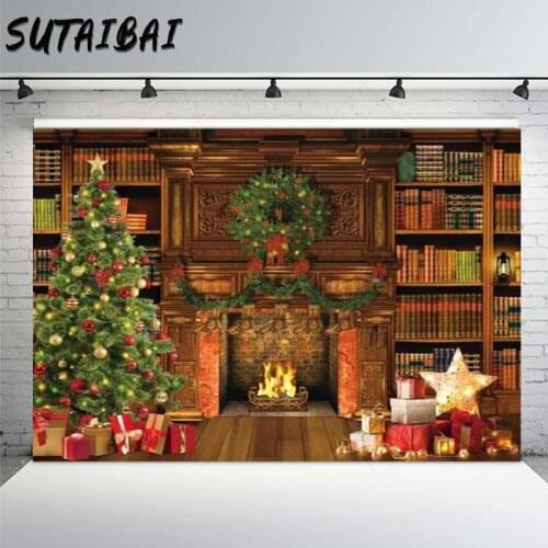 Christmas Fireplace Library Bookshelf Vintage Backdrop Merry Xmas Eve Gift Tree Background Holiday Family Party Supplies Decor