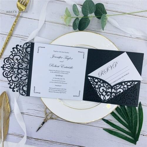 Modern Black Customized Laser Cut Wedding Invitation With Belly Band, RSVP card And Envelope
