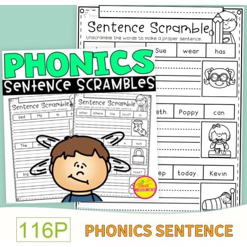 Phonics Sentence Scrambles for Kindergarten and First Grade Worksheets Preschool Learn English Words Passages Workbooks Kids