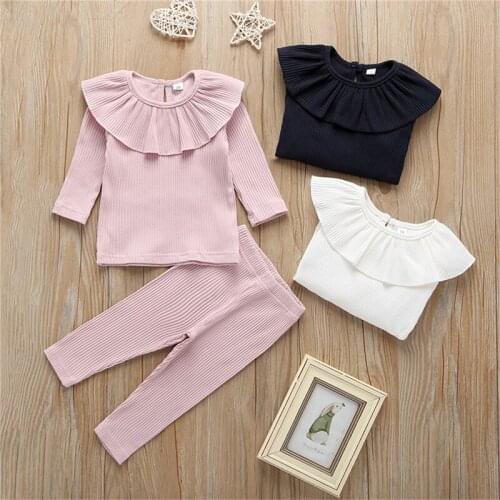 Toddler Baby Girl Knitted Ruffle Tops T-Shirt Solid Leggings Pants Warm Casual Clothes Set Cotton Spring Autumn Winter
