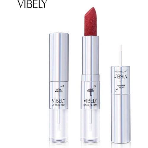 VIBELY 1pc Lip Color Coat 2in1 Lipstick and Water Lip Film Liquid Conbination Set Waterproof Longlast Non Stick Cup Lipgloss Kit