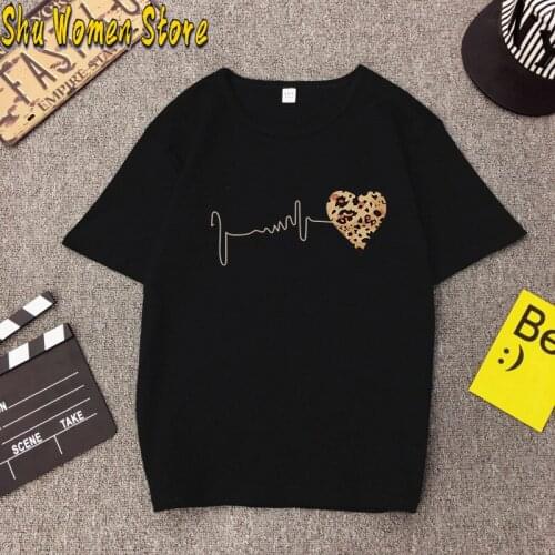 Female Harajuku Casual Tops Tee Summer Cool Leopard heart Graphic Printed Black T-shirt Women Fashion Short Sleeve Tshirts