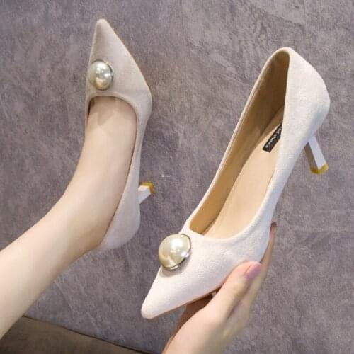 2020 Spring Women Pumps Pointed Toe Dress Shoes Pearl Pump Faux Suede Medium Heels Boat Office Work Shoes zapatos mujer