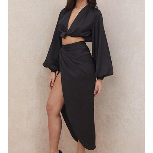 Women Two Piece Summer Set New Beach Vacation Outfits Sexy Cropped Blouse + Skirt High Split Long Skirt Matching Suit Clothes