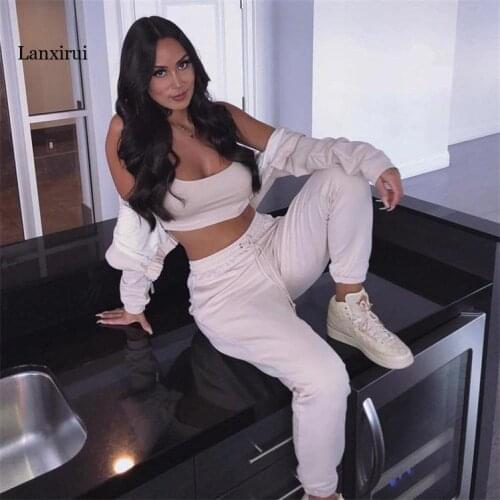 New Autumn Womens Running Sets Sportswear Solid Color Long Sleeve Hooded Coats Crop Tops+Joggers Sweatpants Female Sport Suits