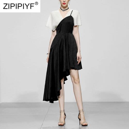 2021 Summer Runway Fashion Unique Design Color Block V Neck Short Sleeve Asymmetric Hem High Waist Sexy Women Dresses Z375