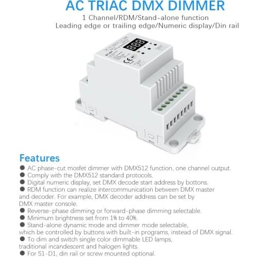 1CH*2A AC Phase-cut DMX Dimmer S1-D1 DIN rail AC100-240V 480W Triac DMX Dimmer, Dual channel output Silicon DMX 512 controller