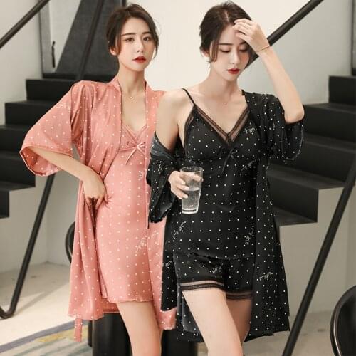 5PCS Silk Satin Sexy Lingerie Nightgowns Robes Sets for Women 2021 Summer Polka Dot Bathrobes Sleepwear Suit Night Dress Nighty