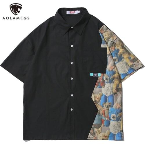 Aolamegs Men Shirt Bear Printed Patchwork Pocket Cargo Shirts Men Loose Vintage High Street Harajuku All-match Streetwear Unisex