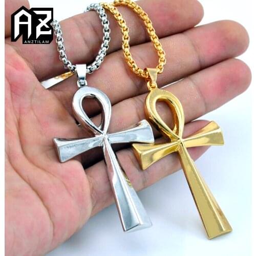 AZ Egyptian Ankh Hip Hop Cross Necklace Shiny Key of Life Religion Pendant Necklace For Men Women Goth Jewelry Gifts